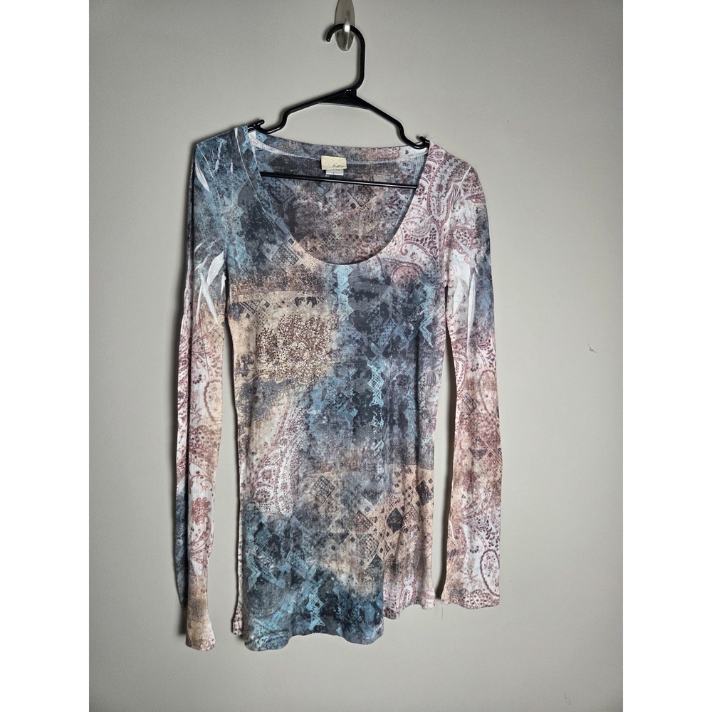 Daytrip Buckle Blue Pink Paisley Tapestry Thermal Knit Long Sleeve Top Large Y2K